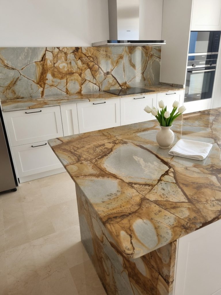 Dramatic Blue Roma golden quartzite kitchen island and matching splashback in a Marbella villa