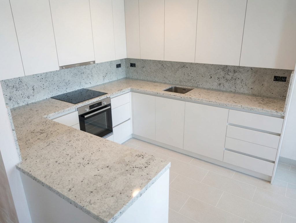 River White granite kitchen worktops and splashback installed in Marbella