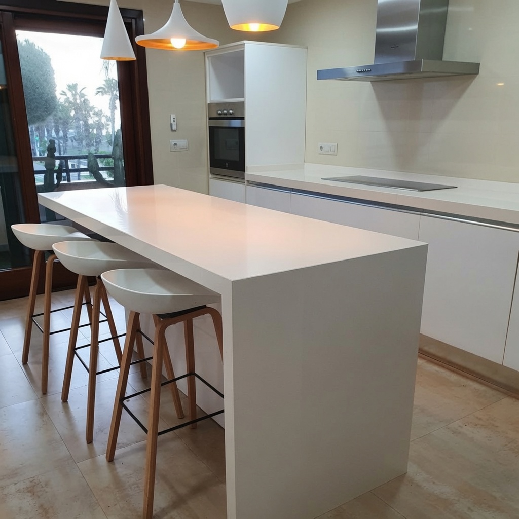Silestone Blanco Zeus pure white kitchen island with mitred edge