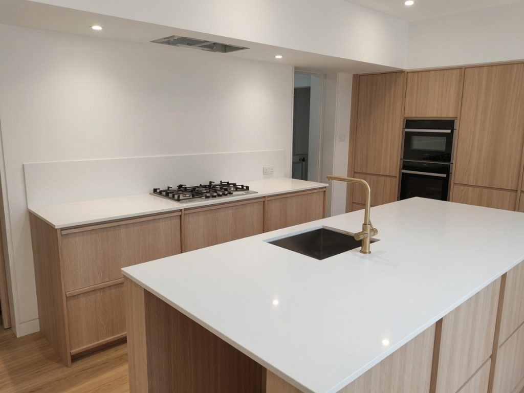Silestone Miami White quartz kitchen island and worktops installed in Marbella