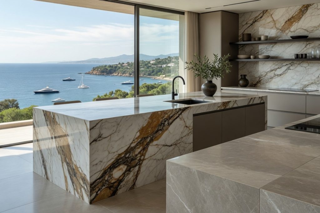 Luxury kitchen with premium marble-effect island countertop in Sotogrande, Costa del Sol