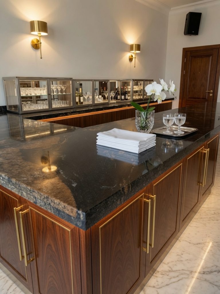 Titanium Matrix dark granite worktop with gold veining in a luxury setting