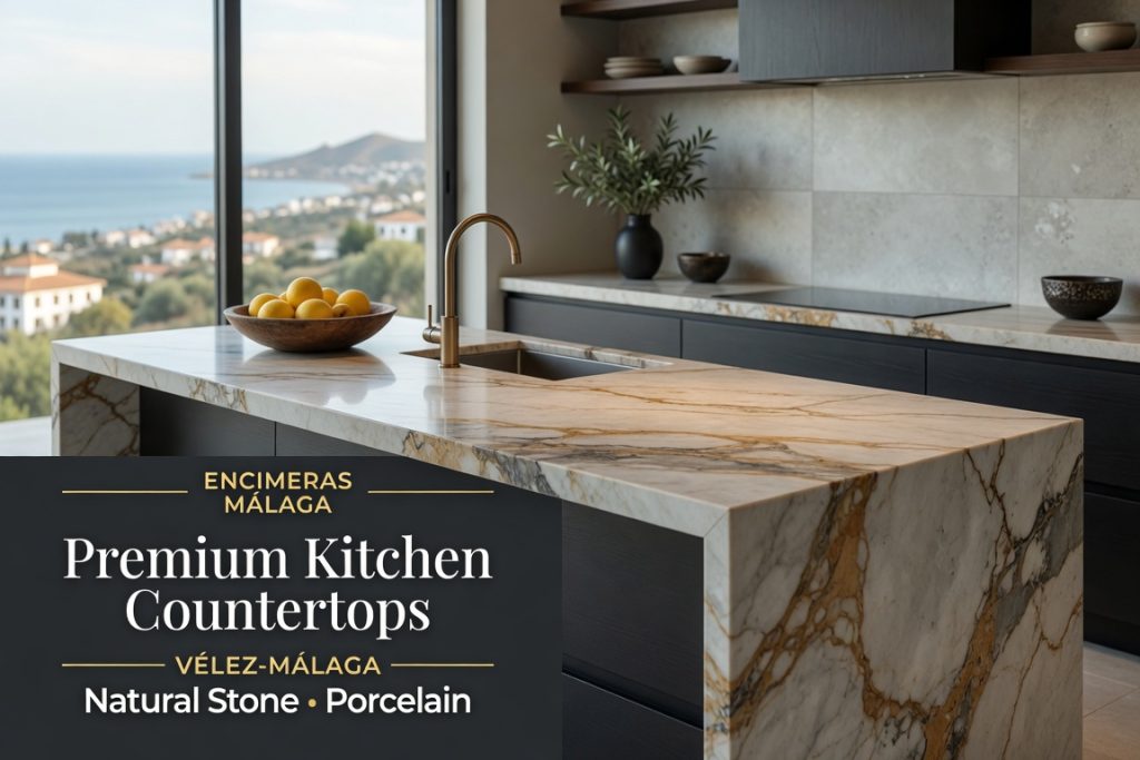 Premium kitchen island with marble-effect countertop in Vélez-Málaga featuring sea views
