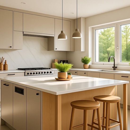 cimera e isla Ascale Blaze Sand en cocina luminosa con tonos beige y madera natural
