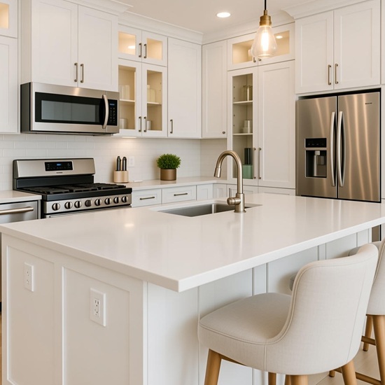 sla de cocina Ascale Blaze Sand en tono claro con muebles blancos