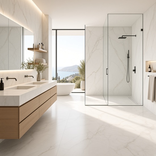 Baño de lujo con revestimiento y suelo Ascale Verso Gold blanco con vetas doradas